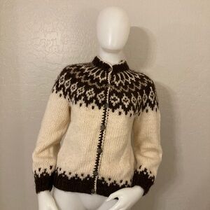 Icewool Vintage Brown/Cream Button Down Handknitted Cardigan Pure Wool Large